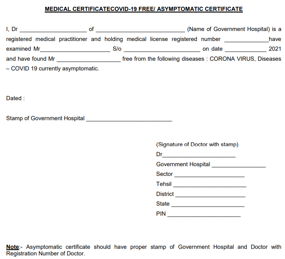Medical Certificate Covid-19 Asymptomatic Certifcate for Indian army